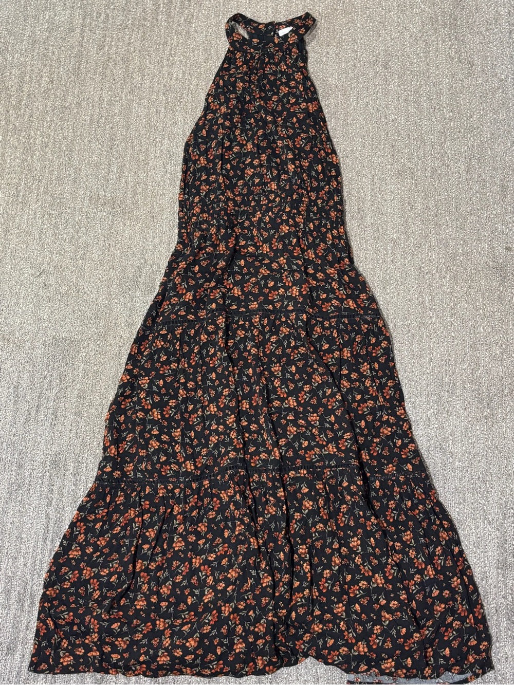 Nordstrom Halter-Style Black Maxi Dress with Orange Floral Print